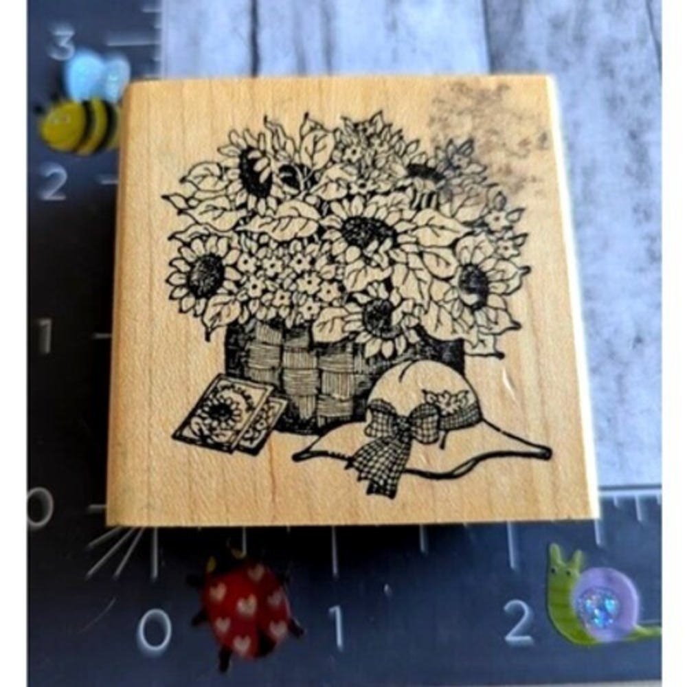Delafield Sunflowers Bushel Hat Basket Rubber Stamp Wood #C30